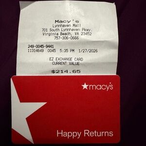 Macy’s gift card! Almost $215 ❤️